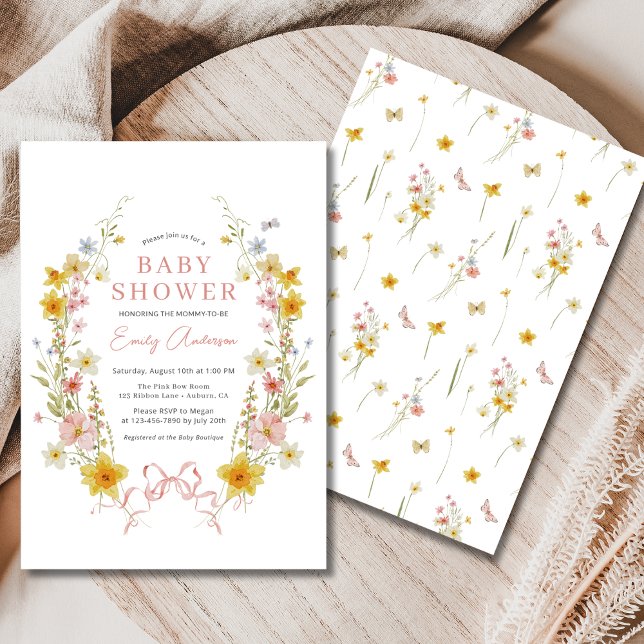 Spring Girl Bow Pink Wildblume Babydusche Einladung (Von Creator hochgeladen)