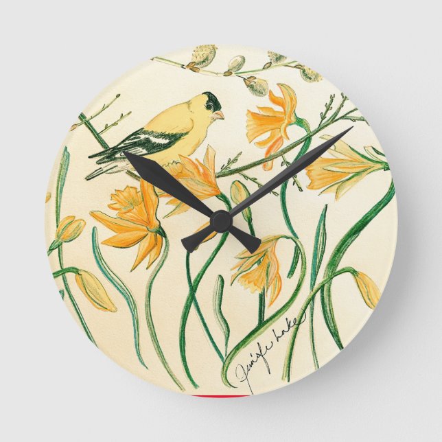 Spring Goldfinch Clock Runde Wanduhr (Vorderseite)