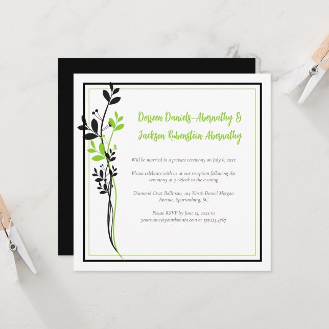 Spring Green and Black Floral Reception Only | Einladung (Vorderseite/Rückseite Beispiel)