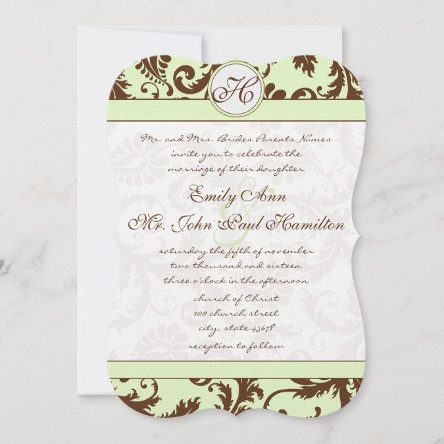 Spring Green Brown Damask Hochzeitseinladung Einladung (Vorderseite)