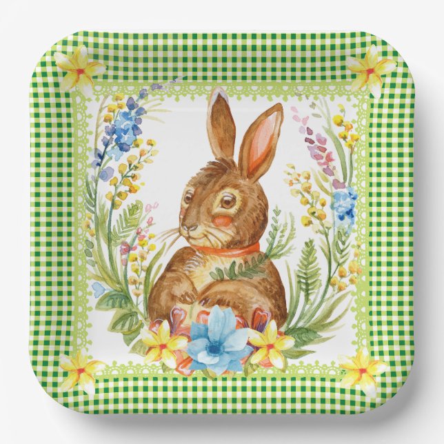 Spring Green Gingham Bunny Plate Pappteller (Vorderseite)