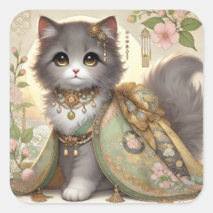 Spring Green Kimono Princess Cat Quadratischer Aufkleber