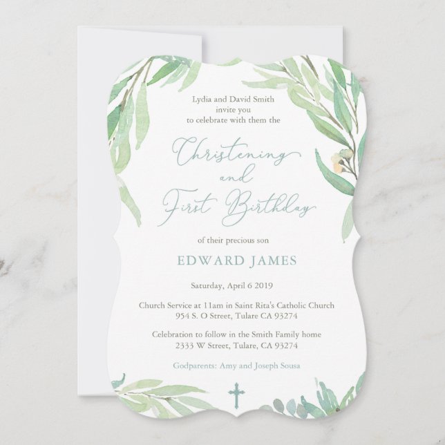Spring Green Verlasse Boy Christening Erster Gebur Einladung (Vorderseite)