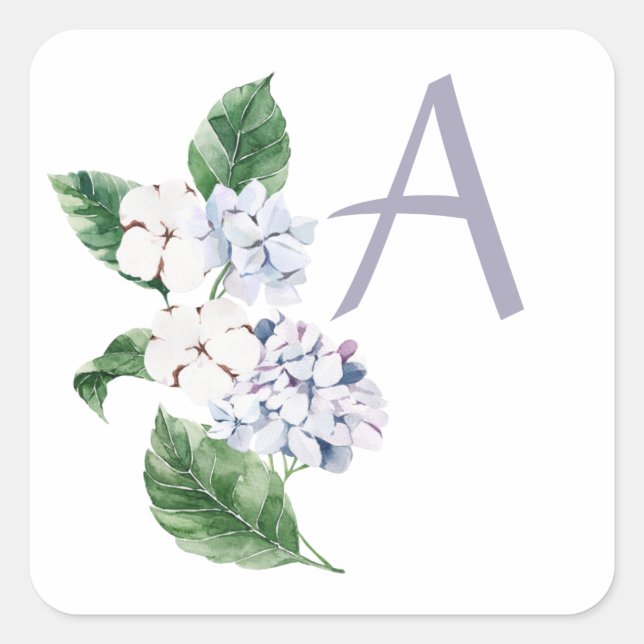 Spring HYRDANGEA mit Buchstaben anpassbar Quadratischer Aufkleber (Vorderseite)
