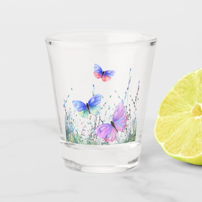 Spring Joy - farbenfrohe Schmetterlinge fliegen in Schnapsglas (Vorderseite)