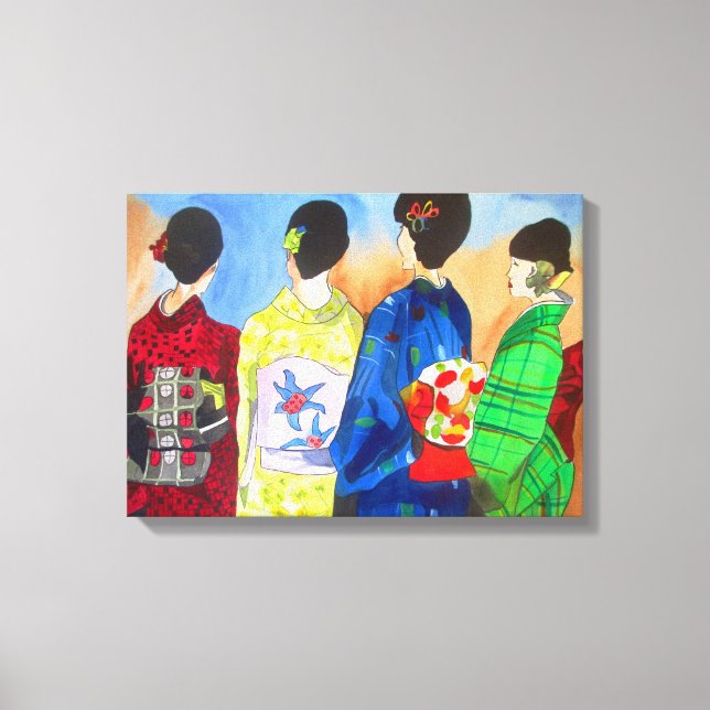 Spring Kimono Japanisch Geisha Aquarellkunst Leinwanddruck (Vorderseite)