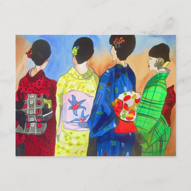 Spring Kimono Japanisch Geisha Aquarellkunst Postkarte (Vorderseite)