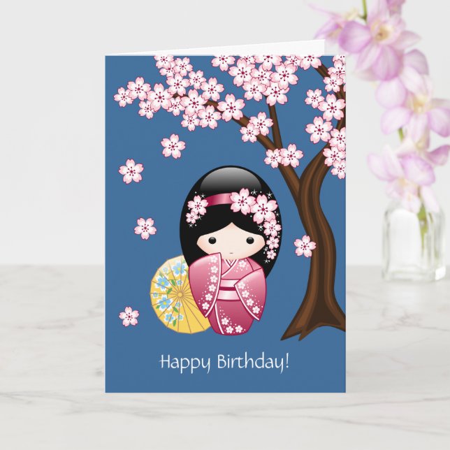 Spring Kokeshi Doll - Japanischer Geisha Geburtsta Karte (Orchidee)