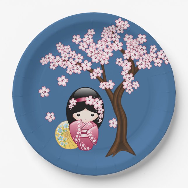 Spring Kokeshi Doll - Niedlich Geisha Girl on Blue Pappteller (Vorderseite)
