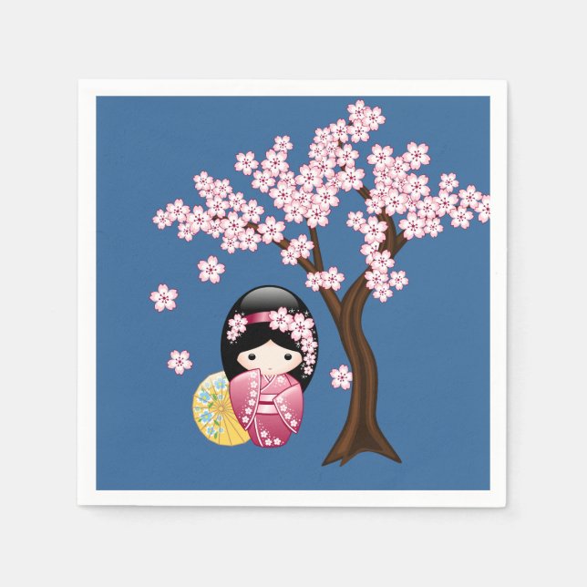 Spring Kokeshi Doll - Niedlich Geisha Girl on Blue Serviette (Vorderseite)