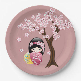 Spring Kokeshi Doll - Niedlich Geisha Girl on Pink Pappteller