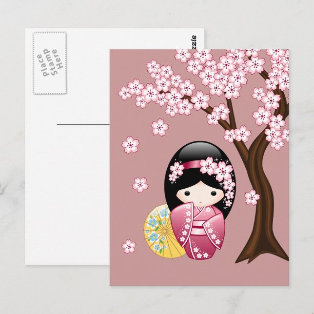 Spring Kokeshi Doll - Niedlich Geisha Vermisst You Postkarte (Vorne/Hinten)