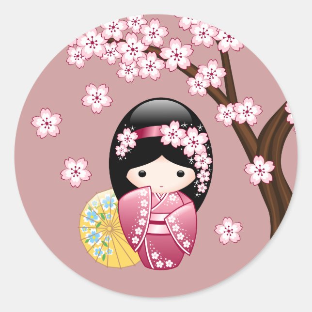 Spring Kokeshi Doll Niedlich Japanisch Geisha auf  Runder Aufkleber (Vorderseite)