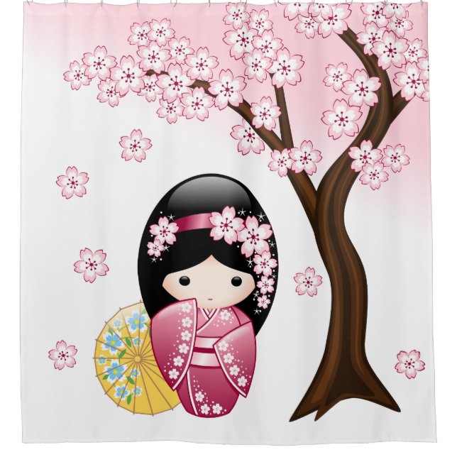 Spring Kokeshi Doll Niedlich Japanisch Geisha Girl Duschvorhang (Vorderseite)