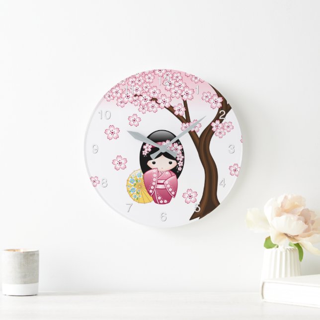 Spring Kokeshi Doll - Niedliches japanisches Geish Große Wanduhr (Zuhause)