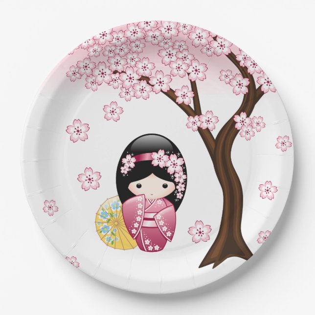 Spring Kokeshi Doll - Niedliches japanisches Geish Pappteller (Vorderseite)
