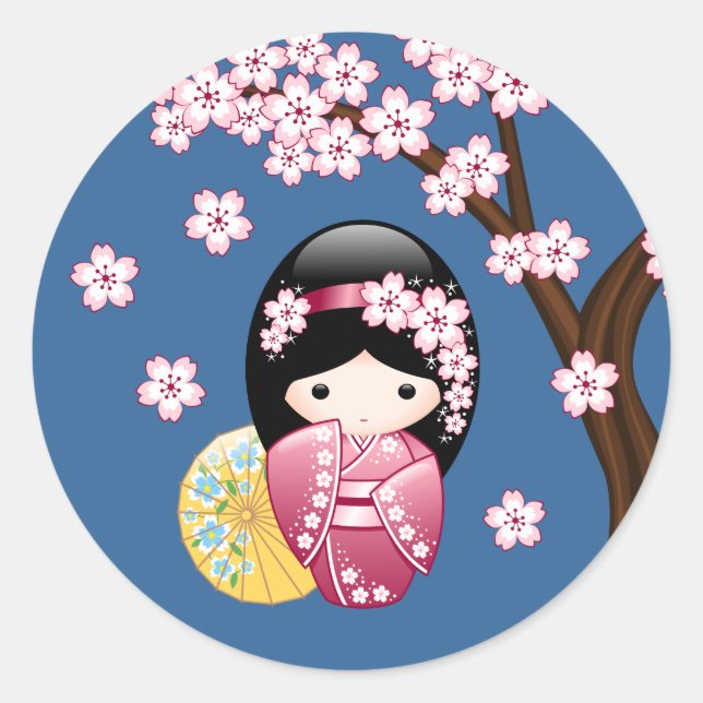 Spring Kokeshi Doll - Niedliches japanisches Geish Runder Aufkleber (Vorderseite)