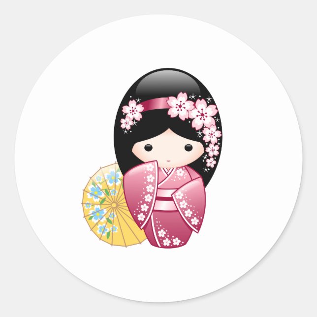 Spring Kokeshi Doll - Niedliches japanisches Geish Runder Aufkleber (Vorderseite)