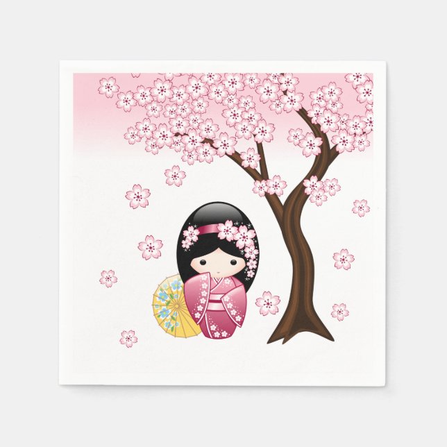 Spring Kokeshi Doll - Niedliches japanisches Geish Serviette (Vorderseite)