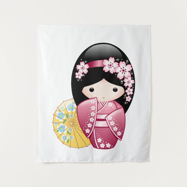 Spring Kokeshi Doll - Niedliches japanisches Geish Wandteppich (Vorderseite)