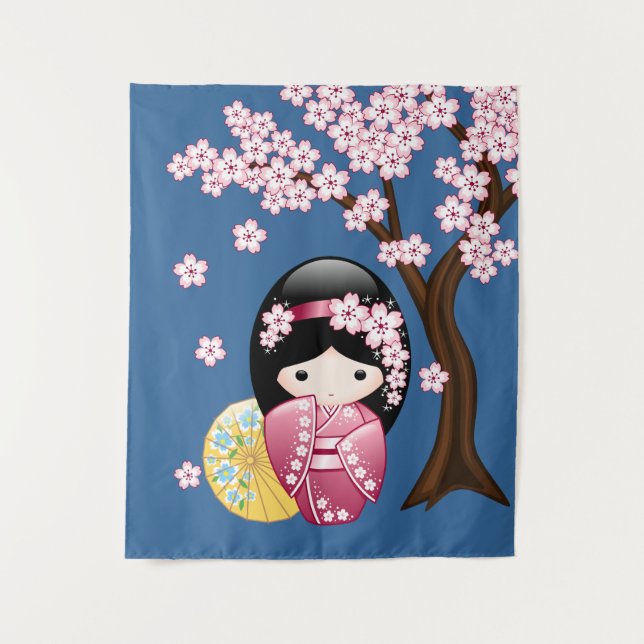 Spring Kokeshi Doll - Niedliches japanisches Geish Wandteppich (Vorderseite)