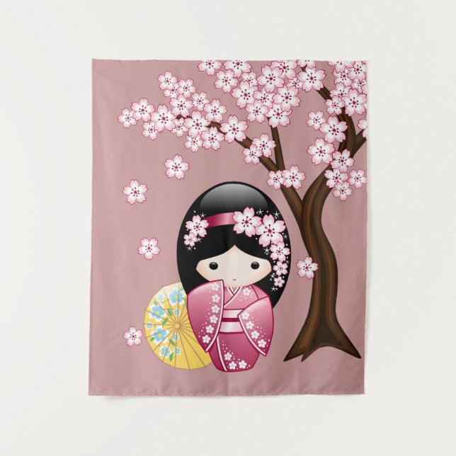 Spring Kokeshi Doll - Niedliches japanisches Geish Wandteppich (Vorderseite)