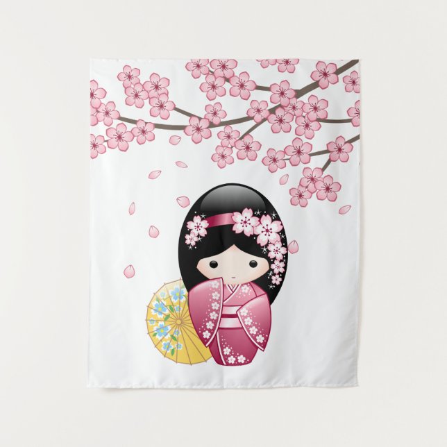 Spring Kokeshi Doll - Niedliches japanisches Geish Wandteppich (Vorderseite)