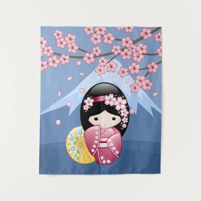 Spring Kokeshi Doll - Niedliches japanisches Geish Wandteppich (Vorderseite)
