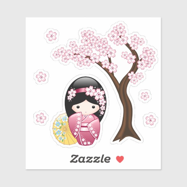 Spring Kokeshi Doll - Pink Kimono Geisha Girl Aufkleber (Blatt)