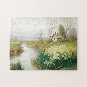 Spring Landscape House Stream Daffodische Blume