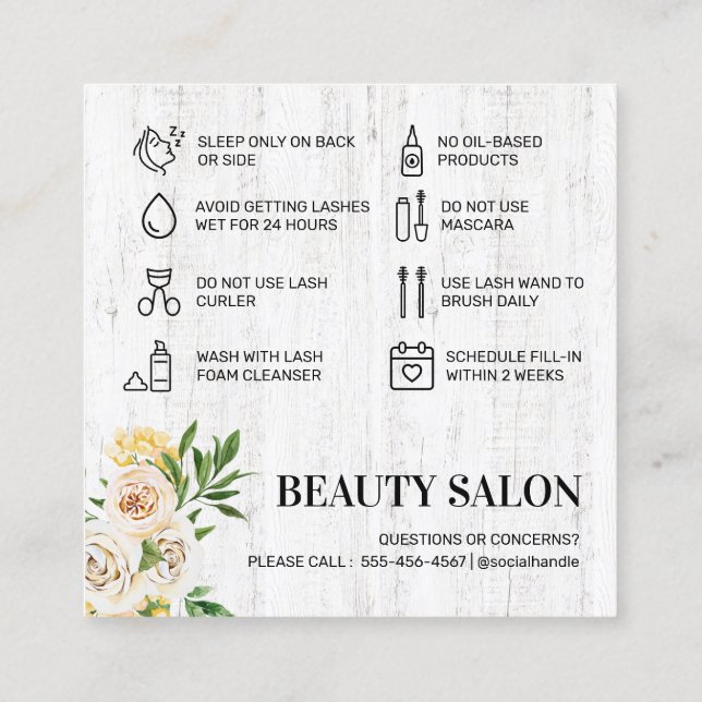 Spring Lash Aftercare Card Quadratische Visitenkarte (Rückseite)
