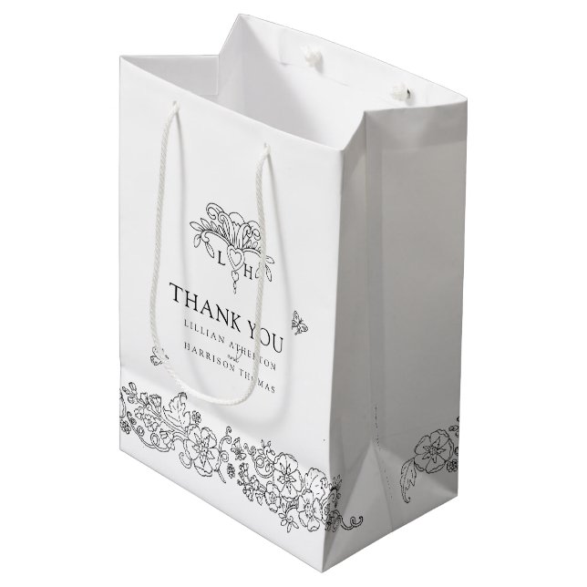 Spring Lilie elegante Mono Hochzeit vielen Dank Mittlere Geschenktüte (Vorderseite Schrägansicht)