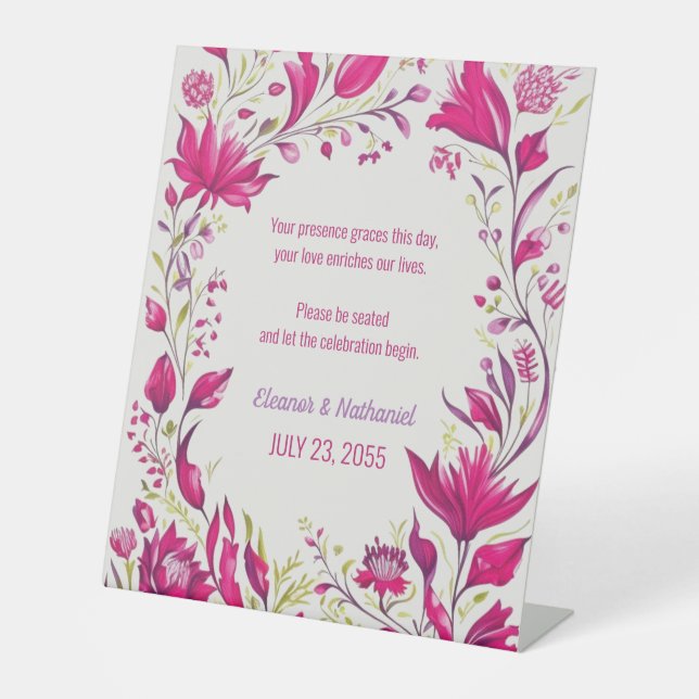 Spring Magenta Garden Hochzeit der Blumen Sockelschild (Vorderseite)