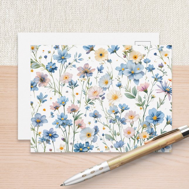 Spring Meadow Blue Wildflower Botanical Garden Postkarte (A pretty postcard with a pattern of Spring wildflowers)