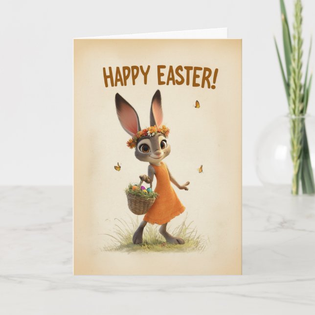 Spring Meadow Bunny with Basket Easter Card Karte (Vorderseite)