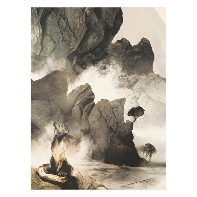 Spring Mystic Fox Misty Mountain Minimalist Zen Tischdecke (Vorderseite)