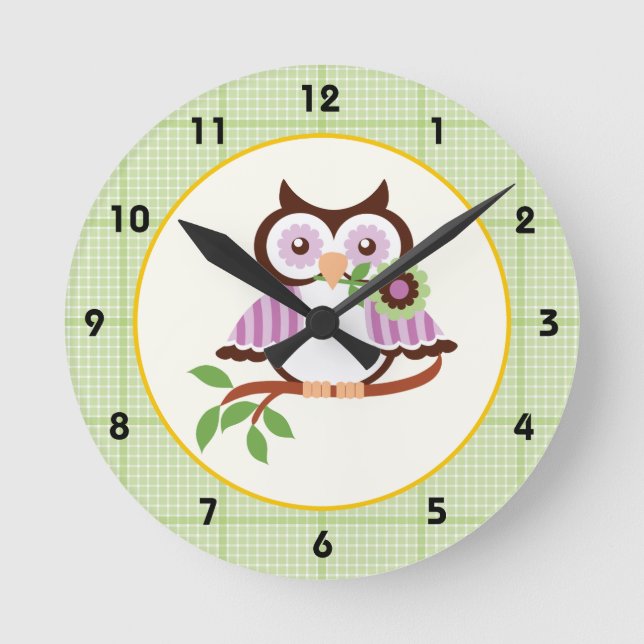 Spring owl with green plaid border wall clock runde wanduhr (Vorderseite)