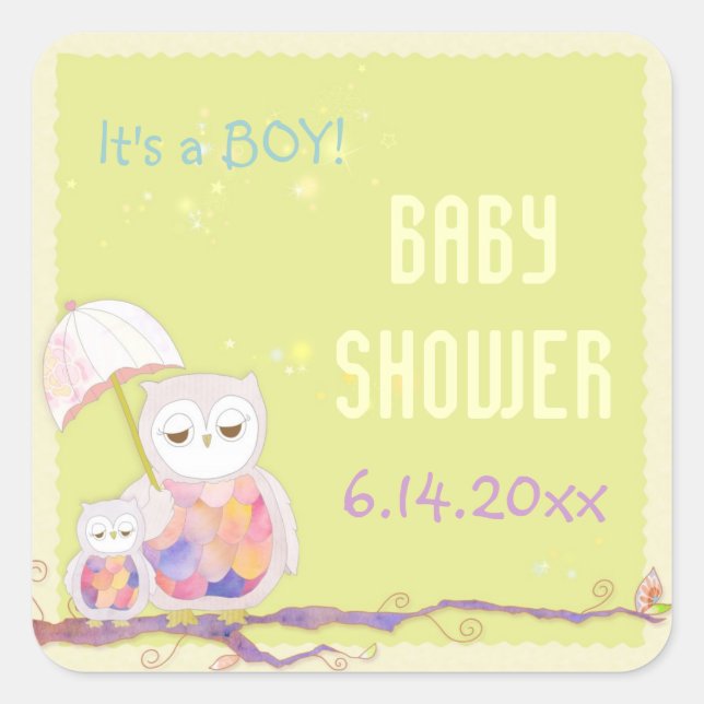 Spring Owls Baby Boy Dusche Quadratischer Aufkleber (Vorderseite)