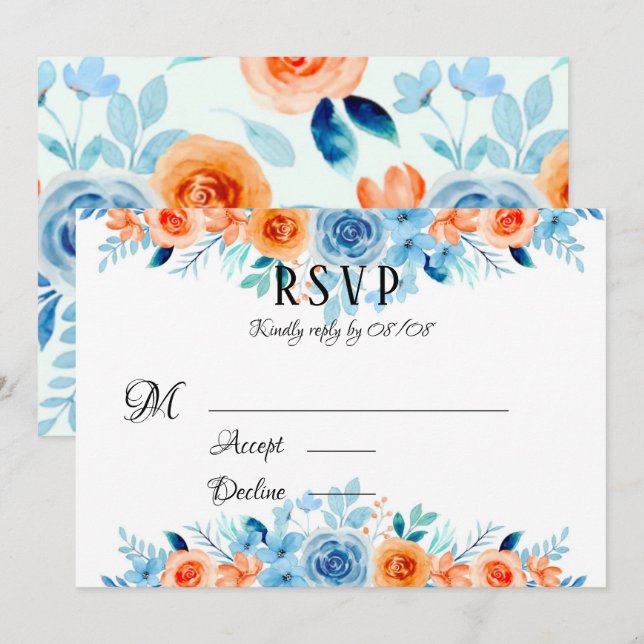 Spring Paint Blue Orange Florals Wedding RSVP Card Einladung (Vorne/Hinten)
