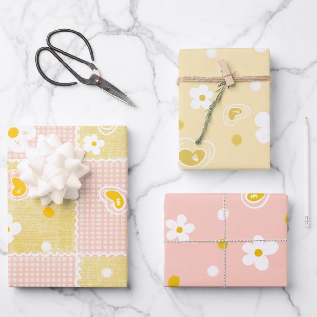 Spring Pastel Floral & Hearts Geschenkpapier Set (Vorderseite)