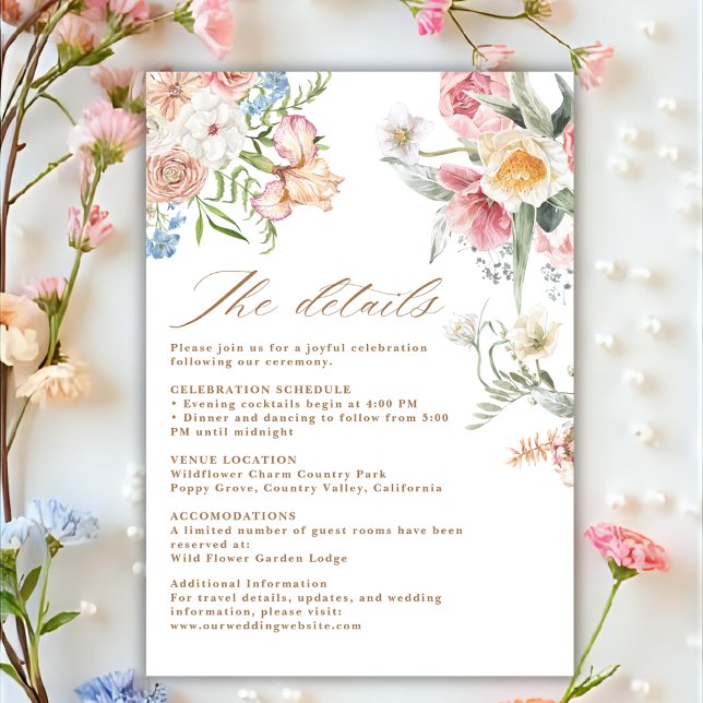 Spring pastel floral wildflower wedding details begleitkarte (Von Creator hochgeladen)