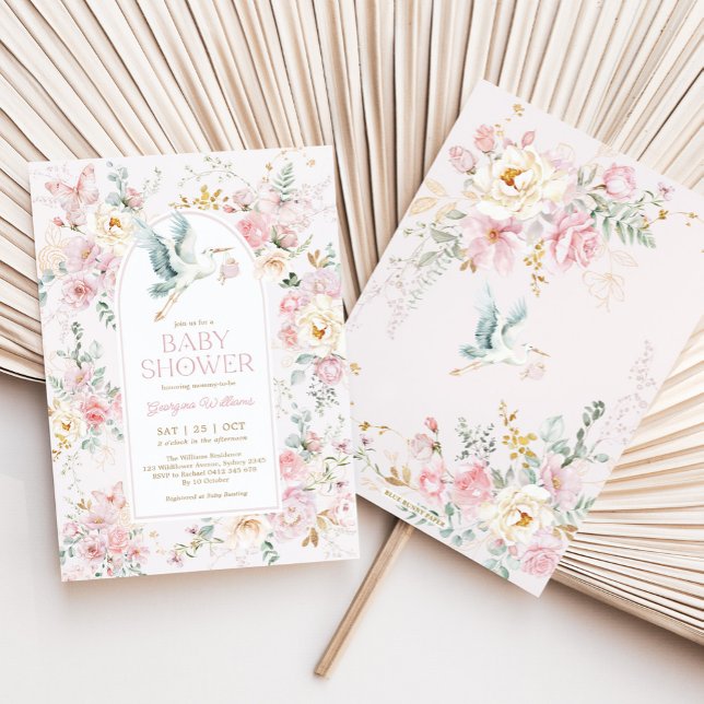 Spring Pastel Pink Stork Wildblume Babydusche Einladung (Von Creator hochgeladen)