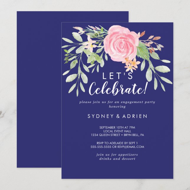 Spring Peony Navy Feiern wir Party Einladung (Vorne/Hinten)