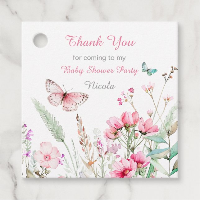 Spring Pink Butterfly Floral Baby Shower Geschenkanhänger (Vorderseite)