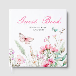Spring Pink Butterfly Floral Wedding Gästebuch
