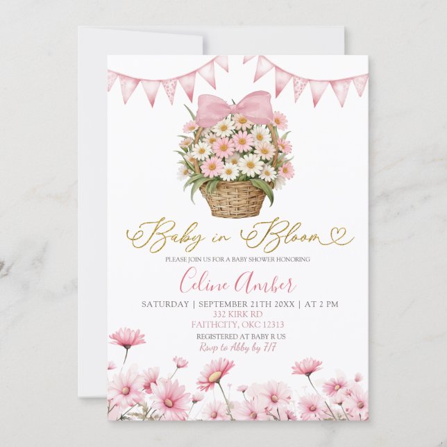Spring Pink Daisy Baby Bloom Coquette Baby Shower Einladung (Vorderseite)