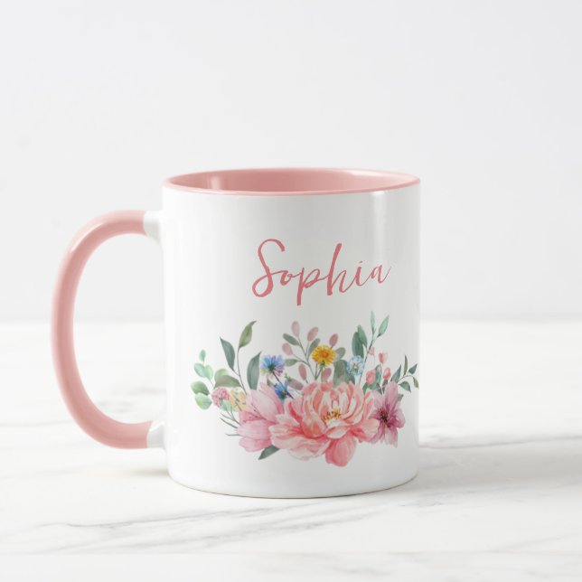 Spring Pink Floral Bouquet Persönlicher Name Tasse (Links)