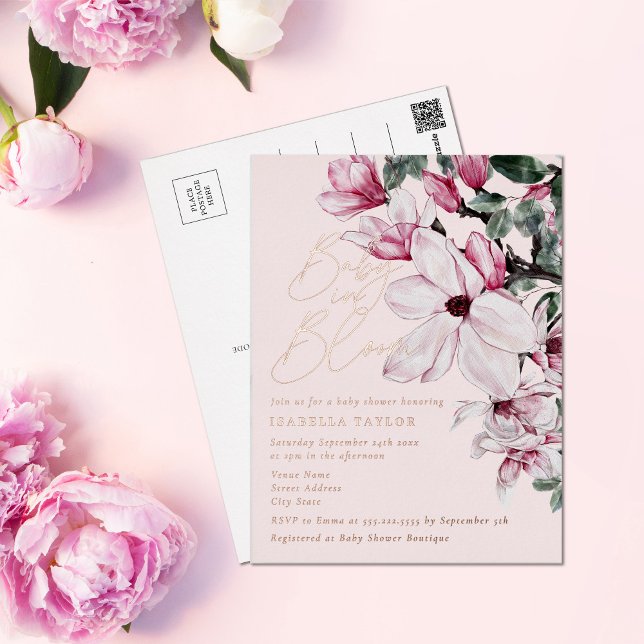 Spring Pink Floral Girl Rose Gold Baby Dusche Folie Einladungspostkarte (Von Creator hochgeladen)