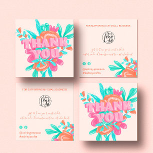 Spring pink floral Retro Drehbuch Reihenfolge dank Quadratische Visitenkarte