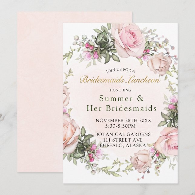 Spring Pink Roses Peony Bridesmaids Luncheon Einladung (Vorne/Hinten)